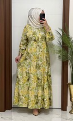 moda sura - 1130 k 170 SARI renk ÇİÇEKLİ modal kumas elbıse yeni sezon büyük beden