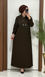 moda sura - 1025 K 120 KAHVERENGİ gömlek yaka düğme detaylı fitilli burgu kumaş buyuk beden elbise yeni sezon