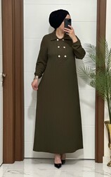moda sura - 1025 K 120 HAKİ gömlek yaka düğme detaylı fitilli burgu kumaş buyuk beden elbise yeni sezon