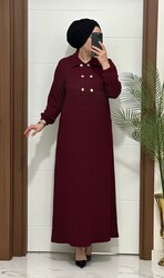 moda sura - 1025 K 120 BORDO gömlek yaka düğme detaylı fitilli burgu kumaş buyuk beden elbise yeni sezon