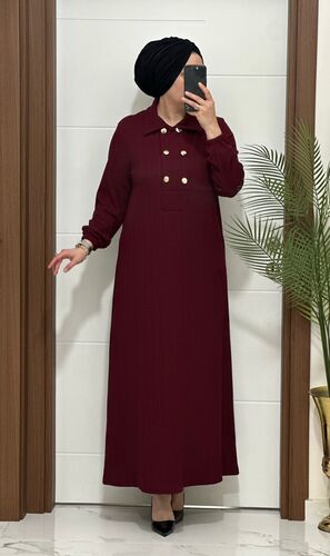 1025 K 120 BORDO gömlek yaka düğme detaylı fitilli burgu kumaş buyuk beden elbise yeni sezon