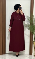 1025 K 120 BORDO gömlek yaka düğme detaylı fitilli burgu kumaş buyuk beden elbise yeni sezon - Thumbnail