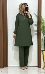 moda sura - 1035 K120 HAKİ FERMUARLI tunik pantolon aerobin kumaş ikili takım buyuk beden yeni sezon