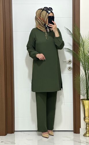 1035 K120 HAKİ FERMUARLI tunik pantolon aerobin kumaş ikili takım buyuk beden yeni sezon