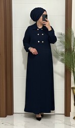 moda sura - 1025 K 120 lacıvert gömlek yaka düğme detaylı fitilli burgu kumaş buyuk beden elbise yeni sezon