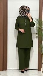 moda sura - 2850 K 90 haki fitilli burgu kumaş tunik pantolon takım halka detay buyuk beden yeni sezon
