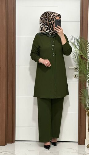 2850 K 90 haki fitilli burgu kumaş tunik pantolon takım halka detay buyuk beden yeni sezon