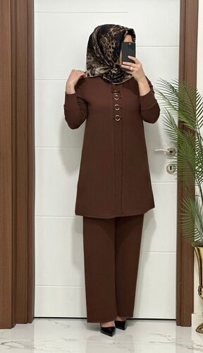 2850 K 90 kahverengi fitilli burgu kumaş tunik pantolon takım halka detay buyuk beden yeni sezon