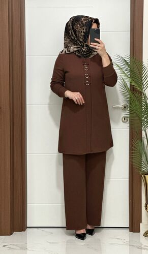 2850 K 90 kahverengi fitilli burgu kumaş tunik pantolon takım halka detay buyuk beden yeni sezon