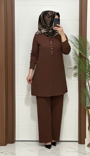2850 K 90 kahverengi fitilli burgu kumaş tunik pantolon takım halka detay buyuk beden yeni sezon