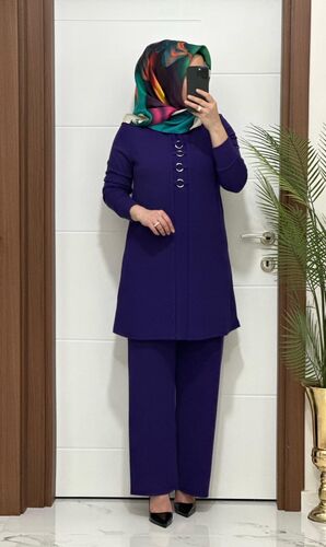 2850 K 90 MOR fitilli burgu kumaş tunik pantolon takım halka detay buyuk beden yeni sezon