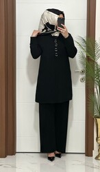 moda sura - 2850 K 90 SİYAH fitilli burgu kumaş tunik pantolon takım halka detay buyuk beden yeni sezon
