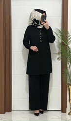 2850 K 90 SİYAH fitilli burgu kumaş tunik pantolon takım halka detay buyuk beden yeni sezon - Thumbnail
