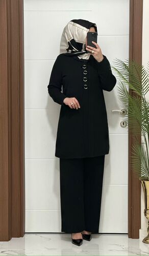 2850 K 90 SİYAH fitilli burgu kumaş tunik pantolon takım halka detay buyuk beden yeni sezon