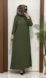 moda sura - 9911 K60 HAKİ BAKLAVA desen taşlı aerobin kumaş Büyük beden elbise yeni sezon