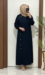 moda sura - 1777 K 80 LACİVERT omuzu düğme detay fitilli atlas kumaş Büyük beden elbise yeni sezon