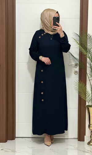 1777 K 80 LACİVERT omuzu düğme detay fitilli atlas kumaş Büyük beden elbise yeni sezon