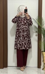 moda sura - 4252 K 60 BORDO SEÇİL TUNİK PANTOLON TAKIM bürümcük kumaş büyük beden yeni sezon