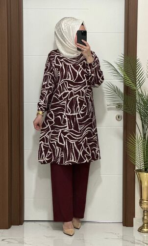 4252 K 60 BORDO SEÇİL TUNİK PANTOLON TAKIM bürümcük kumaş büyük beden yeni sezon