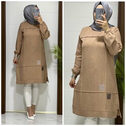 moda sura - 2025 K40 CAMEL KARE TAŞ BASKILI KETEN TUNİK