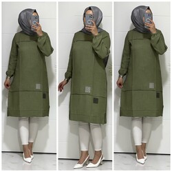 moda sura - 2025 K30 HAKİ KARE TAŞ BASKILI KETEN TUNİK
