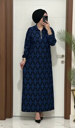 1080 k 90 İNDİGO renk karın kumas FERMUAR detaylı elbıse yeni sezon büyük beden - Thumbnail