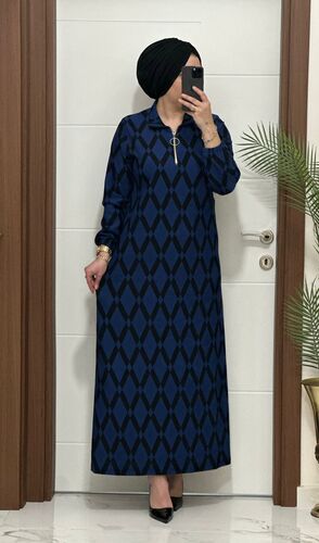 1080 k 90 İNDİGO renk karın kumas FERMUAR detaylı elbıse yeni sezon büyük beden 