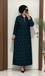 1080 k 90 petrol renk karın kumas FERMUAR detaylı elbıse yeni sezon büyük beden - Thumbnail