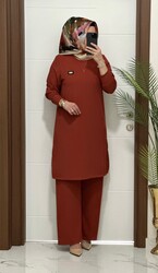 moda sura - 2121 K 80 KİREMİT ARMALI TAKIM fitilli BURGU kumaş tunik pantolon takım buyuk beden yeni sezon