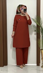 2121 K 80 KİREMİT ARMALI TAKIM fitilli BURGU kumaş tunik pantolon takım buyuk beden yeni sezon - Thumbnail