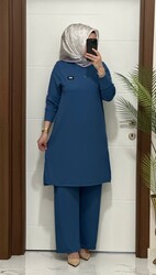 moda sura - 2121 K 80 İNDİGO ARMALI TAKIM fitilli BURGU kumaş tunik pantolon takım buyuk beden yeni sezon
