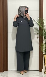 moda sura - 2121 K 80 GRİ ARMALI TAKIM fitilli BURGU kumaş tunik pantolon takım buyuk beden yeni sezon