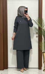 2121 K 80 GRİ ARMALI TAKIM fitilli BURGU kumaş tunik pantolon takım buyuk beden yeni sezon - Thumbnail