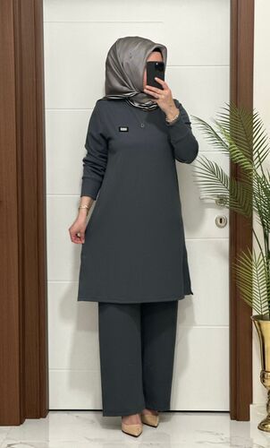 2121 K 80 GRİ ARMALI TAKIM fitilli BURGU kumaş tunik pantolon takım buyuk beden yeni sezon