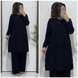 moda sura - 6363 K 60 SİYAH tunık pantolon takım buyuk beden fitilli atlas kumaş yeni sezon