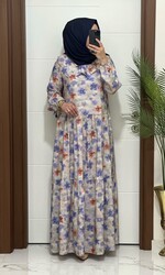 moda sura - 5044 k 170 MAVİ renk DÜĞMELİ çiçekli modal kumas elbıse yeni sezon büyük beden