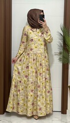 moda sura - 5044 k 170 SARI renk DÜĞMELİ çiçekli modal kumas elbıse yeni sezon büyük beden
