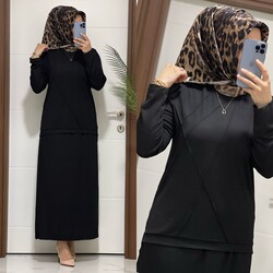 moda sura - 7777 K 65 siyah etek tunık etekli takım fitilli linda kumaş 