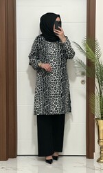 moda sura - 6622 K 60 leopar desen GRİ TUNİK PANTOLON TAKIM bürümcük kumaş Büyük beden yeni sezon