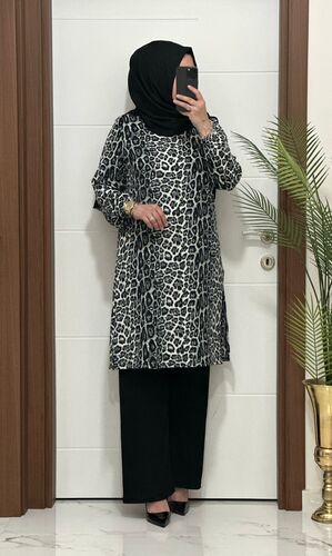 6622 K 60 leopar desen GRİ TUNİK PANTOLON TAKIM bürümcük kumaş Büyük beden yeni sezon