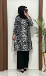 6622 K 60 leopar desen GRİ TUNİK PANTOLON TAKIM bürümcük kumaş Büyük beden yeni sezon - Thumbnail