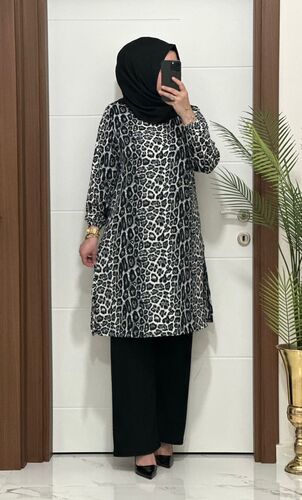 6622 K 60 leopar desen GRİ TUNİK PANTOLON TAKIM bürümcük kumaş Büyük beden yeni sezon