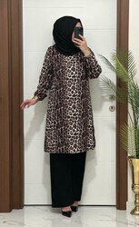 moda sura - 6622 K 60 leopar desen kahverengi TUNİK PANTOLON TAKIM bürümcük kumaş Büyük beden yeni sezon