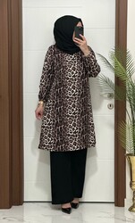 6622 K 60 leopar desen kahverengi TUNİK PANTOLON TAKIM bürümcük kumaş Büyük beden yeni sezon - Thumbnail