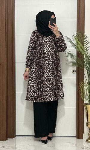 6622 K 60 leopar desen kahverengi TUNİK PANTOLON TAKIM bürümcük kumaş Büyük beden yeni sezon