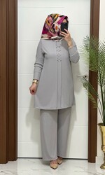 2850 K 140 açık gri fitilli burgu kumaş tunik pantolon takım halka detay buyuk beden yeni sezon - Thumbnail