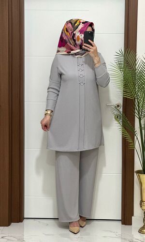 2850 K 140 açık gri fitilli burgu kumaş tunik pantolon takım halka detay buyuk beden yeni sezon
