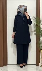 2850 K 90 lacivert fitilli burgu kumaş tunik pantolon takım halka detay buyuk beden yeni sezon - Thumbnail