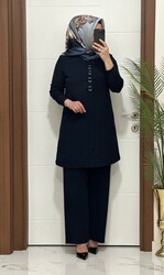 2850 K 90 lacivert fitilli burgu kumaş tunik pantolon takım halka detay buyuk beden yeni sezon - Thumbnail