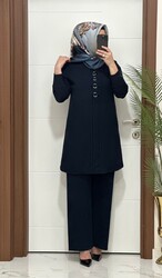 moda sura - 2850 K 90 lacivert fitilli burgu kumaş tunik pantolon takım halka detay buyuk beden yeni sezon